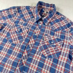 True Religion Shirt Men's Large Blue Red Plaid Western Pearl Snap Button S/S